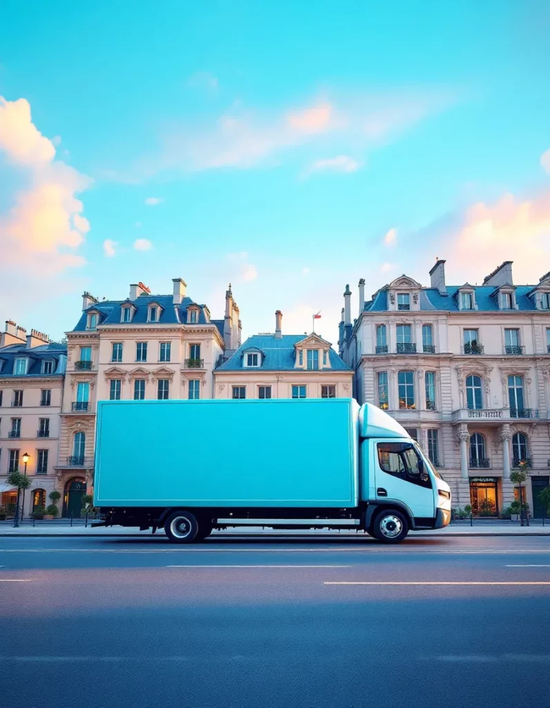 Quatre grands containers de garde-meuble traditionnels en bois numérotés et scellés alignés en extérieur.